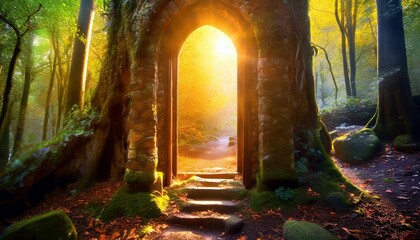 Obraz premium Magical door adorned with intricate carvings in the forest, revealing a passage to a whimsical fairy tale world