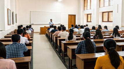 Obraz premium Indian College Classroom – A typical Indian college lecture setting with students taking notes and engaging with the professor.
