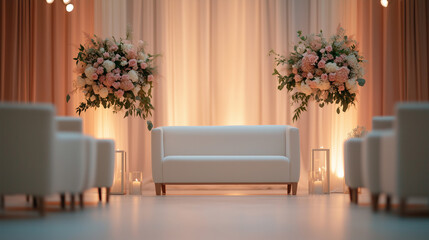Elegant white sofa with floral arrangements in soft lit setting, perfect for events.