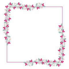 Square Borders Frame Or Wreath With Leaves And Love Pink Flowers
