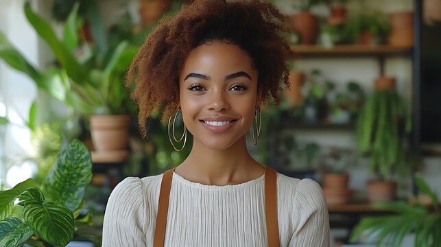 Happy Woman Smiling Among Lush Green Plants