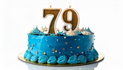 Decorated blue cake for birthday or anniversary party, candle number 79, white background