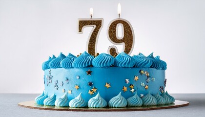 Decorated blue cake for birthday or anniversary party, candle number 79, white background