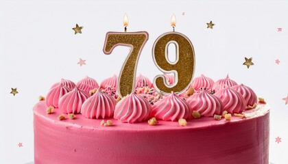 Decorated pink cake for birthday or anniversary party, candle number 79, white background