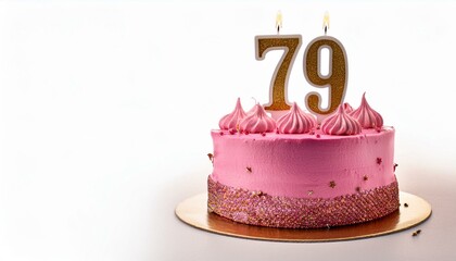 Decorated pink cake for birthday or anniversary party, candle number 79, white background
