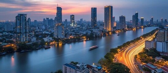 Fototapeta premium Cityscape twilight river highway