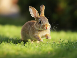 Fototapeta premium A lively rabbit hops playfully across a verdant field of grass, its ears perked up and fur glistening in the warm sunlight. This enchanting scene captures the essence of nature's beauty at play.