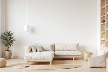 Modern minimalist living room with light colored floor and rug