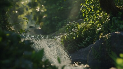Sunlit stream flows through lush jungle, misty background, nature scene
