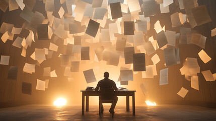 Man Working at Desk Surrounded by Falling Papers
