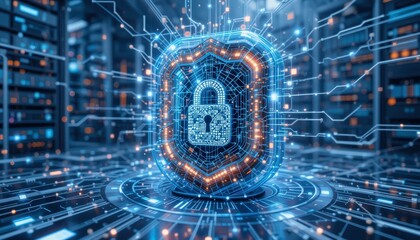 Digital Lock Icon Surrounded by Glowing Circuitry in High-Tech Data Center