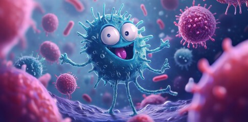 A happy cartoon virus dances among other microbes
