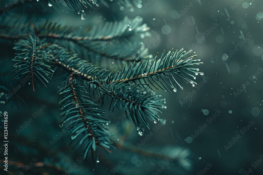 Poster pine tree branch with needles covered in raindrops during a gentle rain creating a tranquil and refr