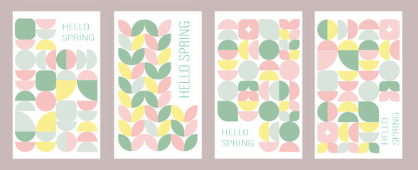 Hello Spring. Nature. Set of spring modern backgrounds with minimalist geometric flowers. Flat trendy design. Abstract template for poster, branding, ads, card, prints, banner.
