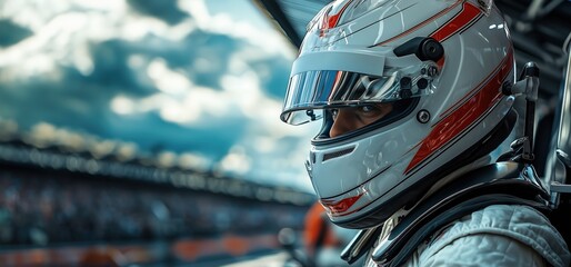 Epic Portrait of F1 Driver in White Overall and Helmet – Waiting Pose