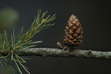 Close up of a pine cone growing on a branch with green needles, set against a dark, blurred background