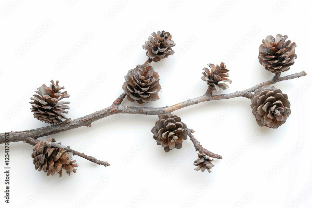 Poster small larch branch with several cones lying on a white background, creating a simple yet evocative c
