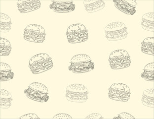 doodle burger pattern background. doodle fast food burger seamless pattern background. seamless pattern of hamburger in doodle style. Seamless Pattern of a Cheese Burger or Hamburger.