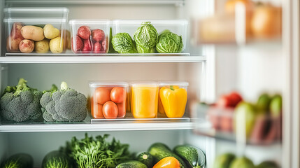 An organized refrigerator filled with fresh vegetables and fruits, showcasing healthy eating options and vibrant colors for a nutritious lifestyle