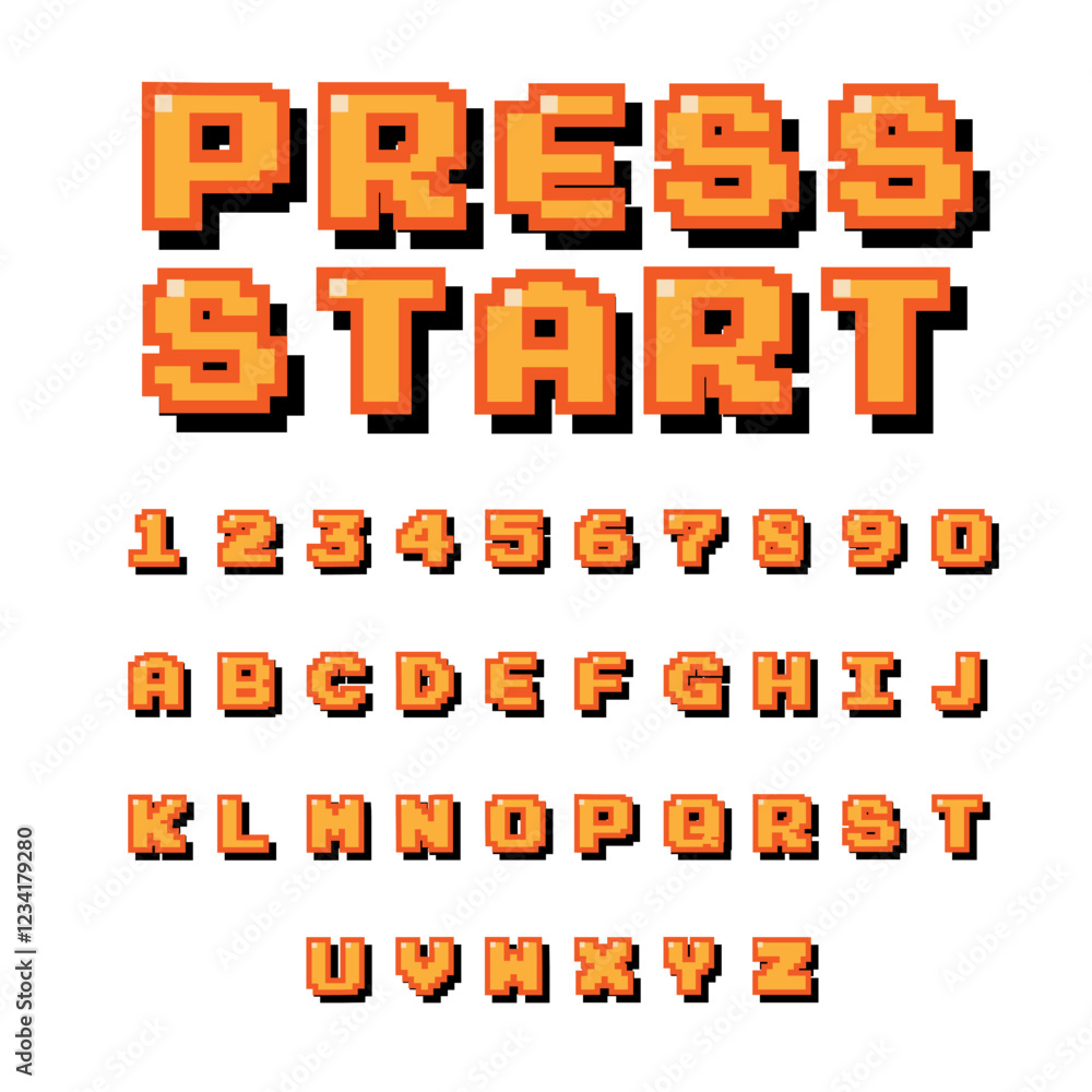 Fototapete pixel video game 8 bit font. shadow effect. set of retro style latin capital letters and numbers. ve