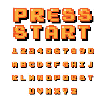 Pixel video game 8 bit font. shadow effect. Set of retro style latin capital letters and numbers. Vector illustration font. 