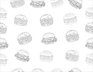doodle burger pattern background. doodle fast food burger seamless pattern background. seamless pattern of hamburger in doodle style. Seamless Pattern of a Cheese Burger or Hamburger.