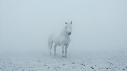 White horse in foggy field; serene landscape