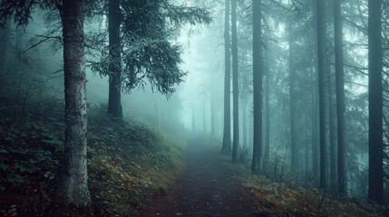 Fototapeta premium Mysterious foggy forest trail winding through lush greenery, creating a serene and mystical atmosphere, perfect for introspection and exploration.