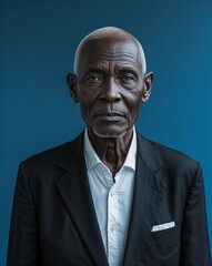 Fototapeta premium Elderly black African man neutral shaved head black blazer on blue background