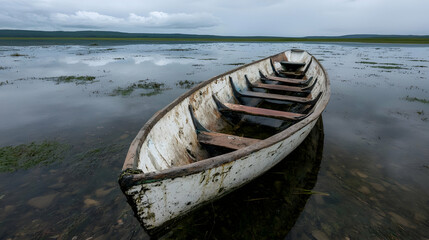 Obraz premium Weathered boat on calm lake, cloudy sky, tranquil scene, stock photo
