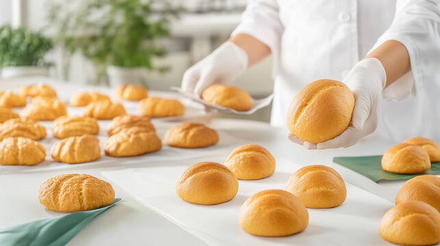 Baker handling fresh, golden pastries on a clean white table, showcasing culinary craftsmanship and delicious baked goods