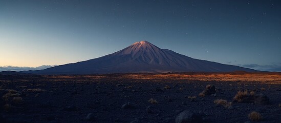 Fototapeta premium Volcanic landscape sunset, desert plain, starry night sky, travel poster