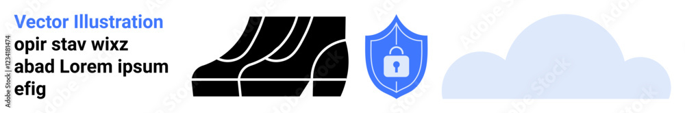 Poster cloud icon, shield with lock, server racks emphasize cybersecurity, encryption, and data storage. id