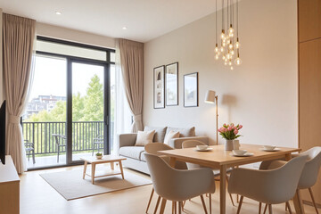 modern living and dining area in apartment natural light