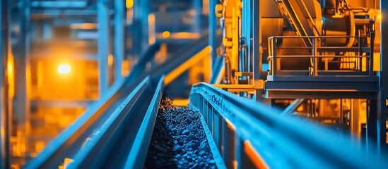 Fototapeta premium Factory conveyor belt carrying ore, industrial plant background