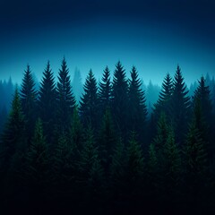 Fototapeta premium Dark Blue Night Forest with Tall Green Trees