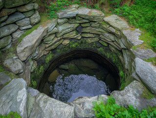 Visitors gather around the serene holy well of St Brigid, surrounded by lush greenery, reflecting on its sacred waters in the peaceful Irish countryside. Generative AI
