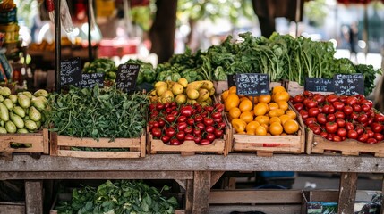 Obraz premium A farmer's market stall with fresh fruits, vegetables, and herbs on display