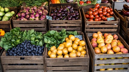 Obraz premium A farmer's market with organic produce displayed in wooden crates