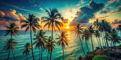 Fototapeta premium Escape to paradise: sunset bokeh, swaying palms, pristine beach, turquoise ocean, blissful vacation.