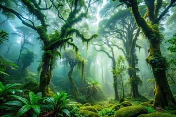 Ethereal fog veils a lush Amazonian rainforest, creating stunning landscape photography.