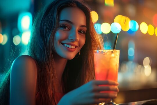 happy woman in bar with cocktail - Powered by Adobe