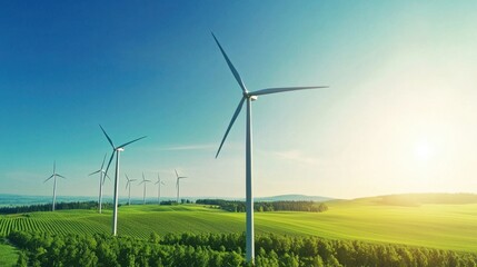 Wind turbines in a lush green field with a bright blue sky, symbolizing renewable energy and environmental sustainability.