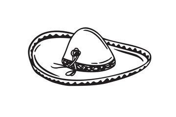 Hand drawn Mariachi hat illustration. Doodle mariachi hat. Sketch of mariachi hat isolated on white background. Sketch of sombrero. Vector illustration.