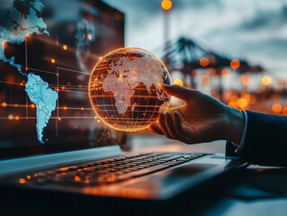 A professional interacts with a glowing globe while working on a laptop, symbolizing global connectivity and the efficiency of forwarding agencies in a dynamic cityscape at dusk. Generative AI