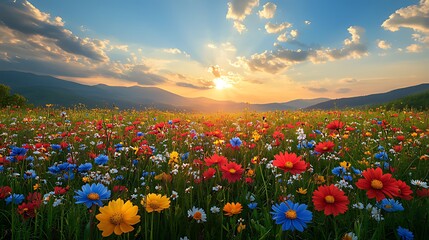 Sunset wildflowers meadow, mountain backdrop, nature scene