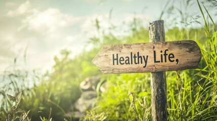 Wooden signpost reading "Healthy Life" along a scenic mountain trail, symbolizing wellness and outdoor adventures.