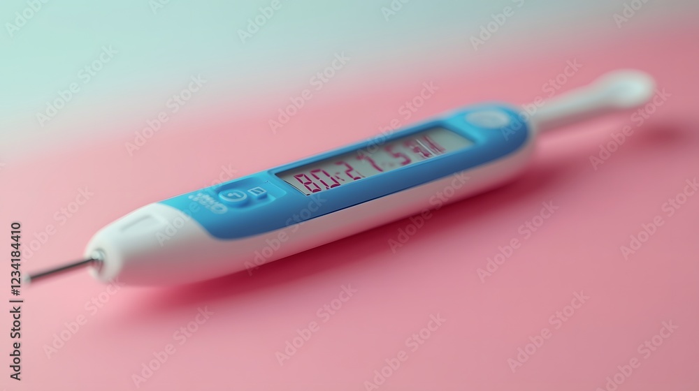 Poster sleek digital thermometer laid on a minimalist surface with a clear display showing a temperature re