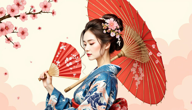 Serene woman holding fan and parasol in blue kimono, cultural beauty