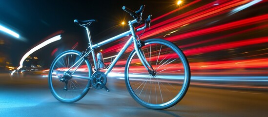 Fototapeta premium Night road bike, city lights blur, urban cycling